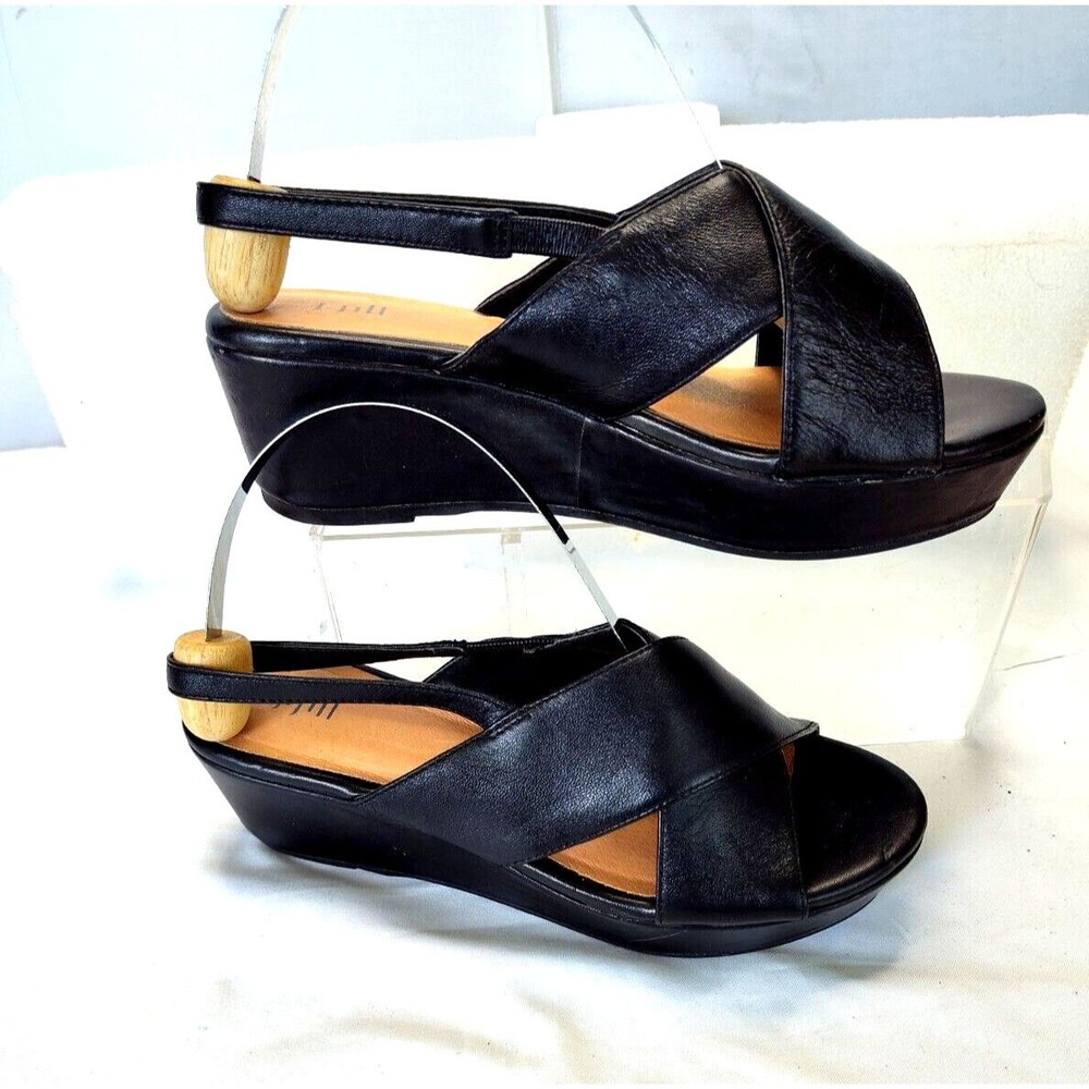 J. Jill Women Size 6M Black Leather Slingback Wedge Open Toe Sandal  2" heel